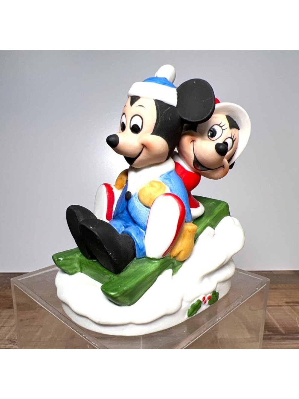 VTG Mickey & Minnie Mouse Ceramic Sledding Figurine Disney Holiday Collectible
